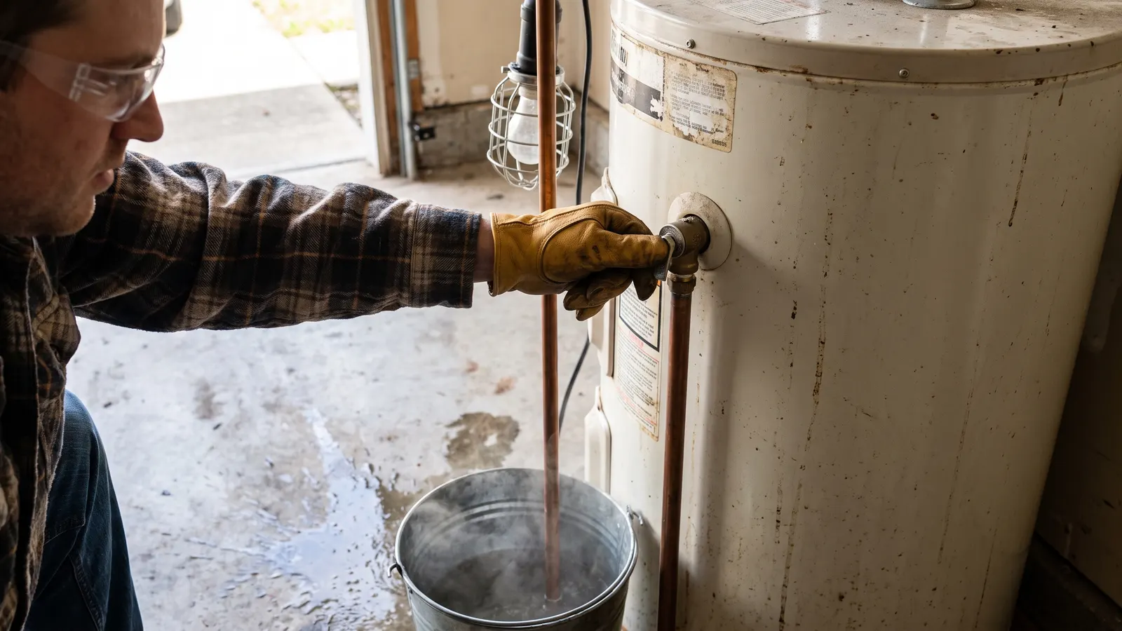 Gloved hand lifting the relief valve lever on a water heater tank