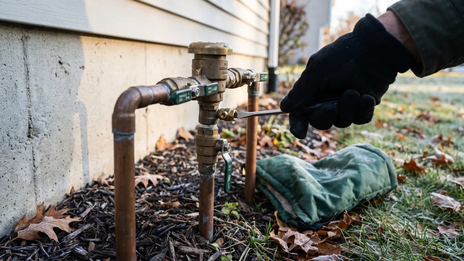 Irrigation backflow preventer drained for winter with ball valves half open